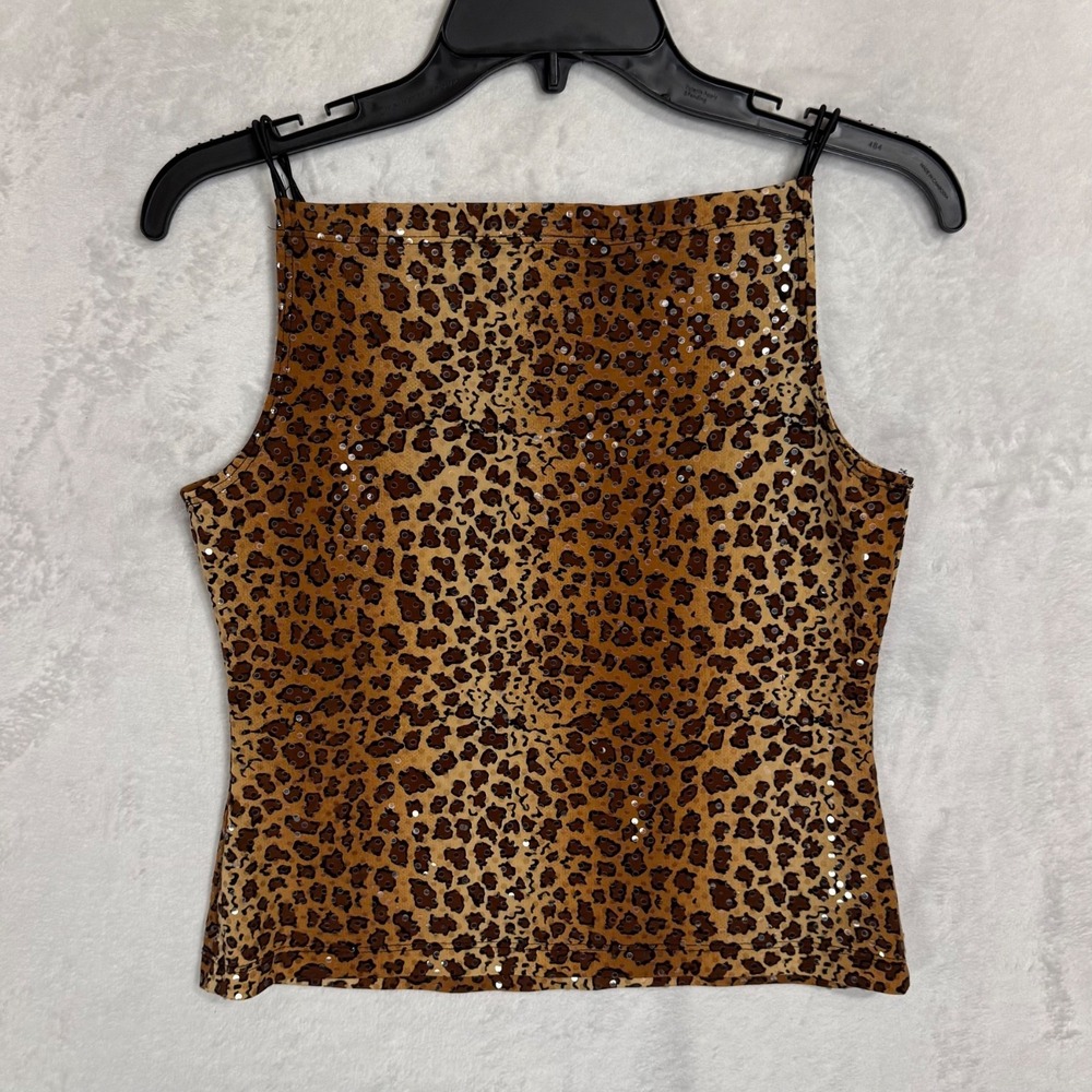 Y2K Leopard Print Crop Top Sequins M Fits S XS Fitted Cami‎ Mob Wife Glam Party - Picture 9 of 13